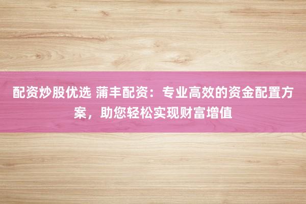 配资炒股优选 蒲丰配资：专业高效的资金配置方案，助您轻松实现财富增值